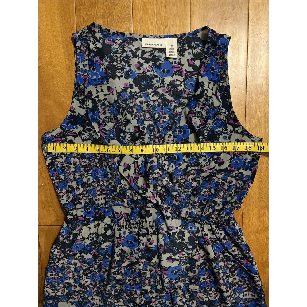 DKNY Jeans Floral Fit & Flare Mini Dress Size M Blue Ruffle Pockets Cottage Work - Picture 4 of 10